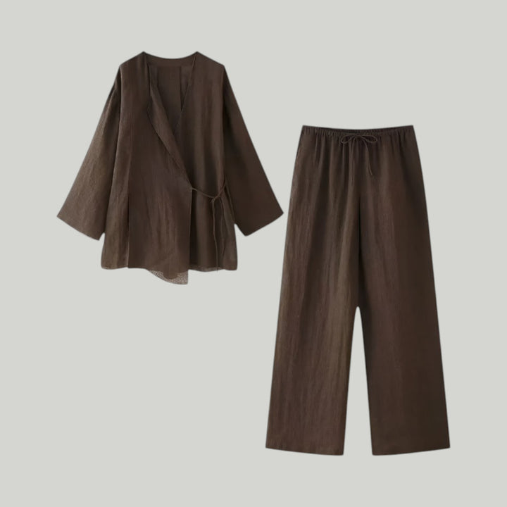 Ravanti | Women's Linen Kimono Top & High-Waist Pants Set